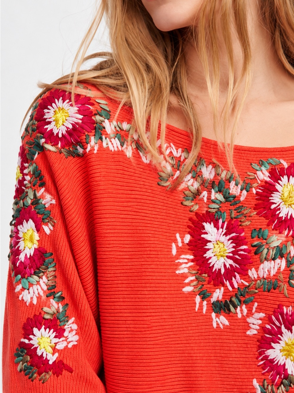 NWT Free People L Bouquet Floral Embroidered Dolman Batwing Sweater Orange $198 - Picture 6 of 12
